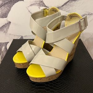 MADDEN GIRL Grey Neon Yellow Strappy CASUAL CORK WEDGES 6.5
